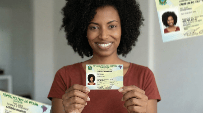 Mulher de cabelo cacheado sorri e mostra a nova Carteira de Identidade Nacional em ambiente interno.