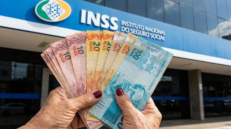 Mãos de pessoa idosa seguram cédulas de dez, vinte e cem reais em frente a uma agência do INSS.