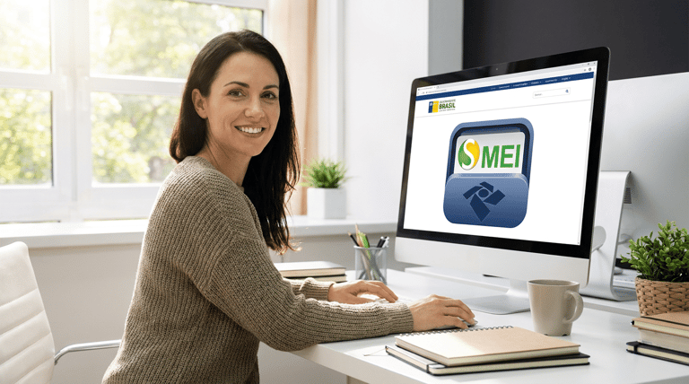Microempreendedora individual sorri ao acessar o portal do MEI no computador para entregar a declaração anual