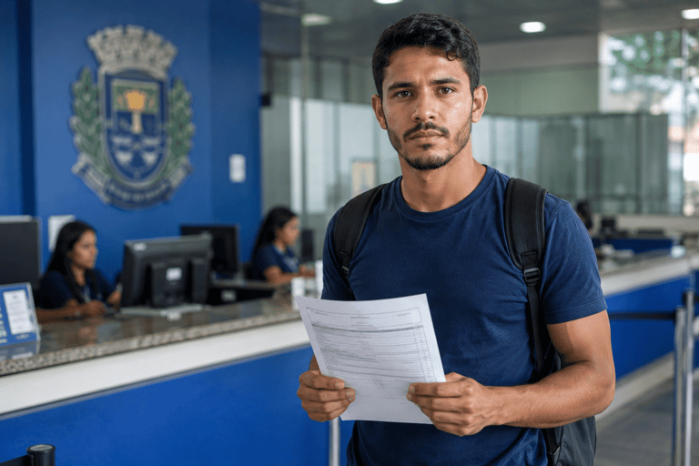 Homem jovem de camiseta azul-marinho com mochila segura formulário em saguão de prefeitura com brasão ao fundo.
