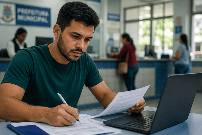 Homem de camiseta verde escreve em formulário enquanto consulta laptop em posto da Prefeitura Municipal.