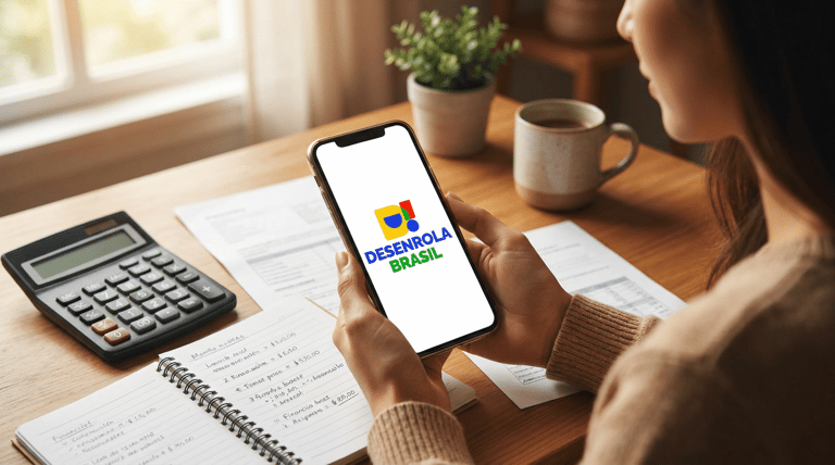 Mulher segura smartphone com logo do Desenrola Brasil, ao lado de calculadora e caderno com anotações financeiras.