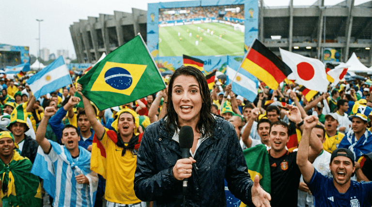 Repórter à frente de torcedores com bandeiras do Brasil, Alemanha, Argentina e Japão sob chuva, estádio ao fundo.