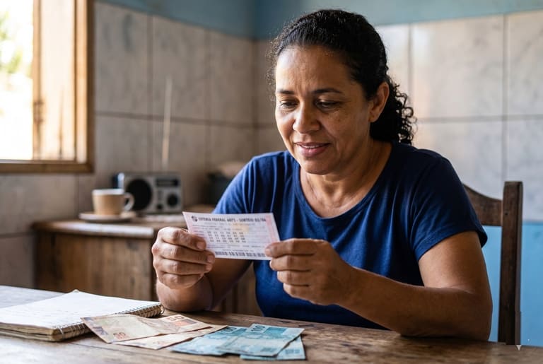 Mulher de camiseta azul segura bilhete da Loteria Federal com notas de reais sobre mesa de madeira