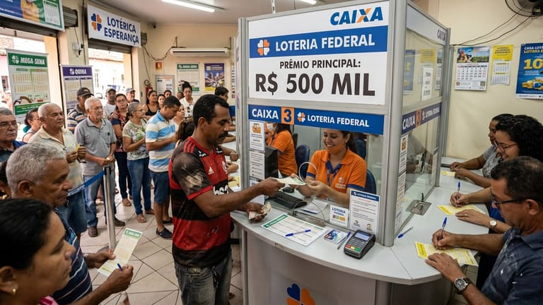 Pessoas em fila aguardam atendimento em lotérica com placa do prêmio de R$ 500 mil