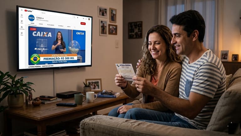 Casal sentado no sofá observa bilhete da Loteria Federal enquanto assiste ao sorteio da Caixa na TV