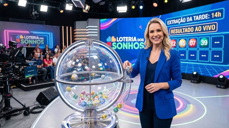 Mulher loira sorrindo revela bola sorteada em estúdio da Loteria dos Sonhos com plateia ao fundo