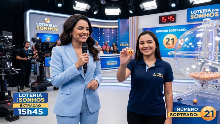 Apresentadora ao lado de funcionária que exibe bola número 21 em sorteio da Loteria dos Sonhos