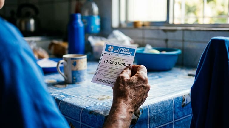 Pessoa idosa confere bilhete da Loteria dos Sonhos com números à mesa azul