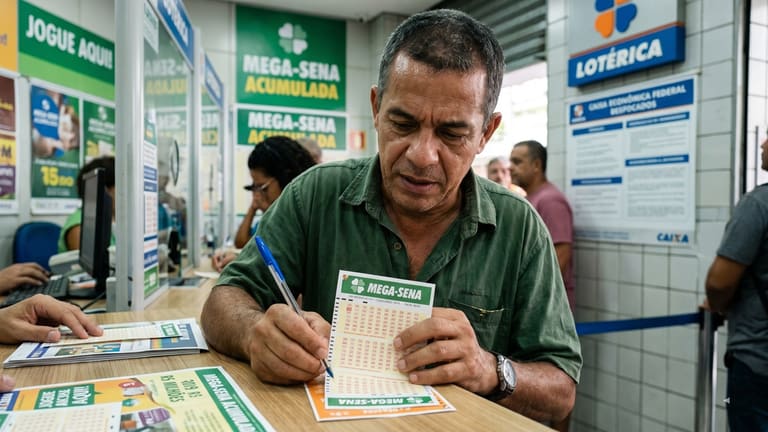 Homem de camisa verde marca números no volante da Mega-Sena dentro de lotérica, cartazes ao fundo destacam prêmio acumulado