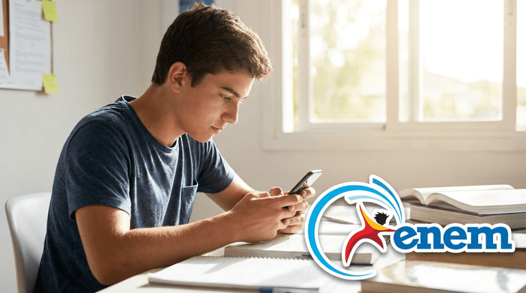 Estudante se prepara para o ENEM usando celular e livros no quarto.