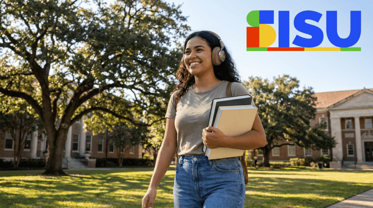 Estudante sorridente caminha com livros em campus universitário com logo do SISU.
