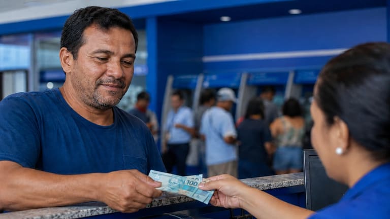 Trabalhador recebendo cédulas de real em agência bancária, representando o pagamento do Abono Salarial para casos de envio correto dos dados até 20 de junho.