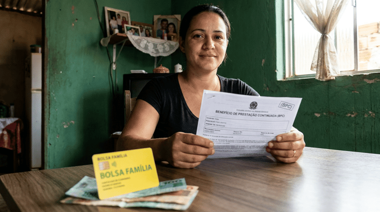 Mulher sentada à mesa segura formulário do BPC ao lado do cartão do Bolsa Família e cédulas de dinheiro