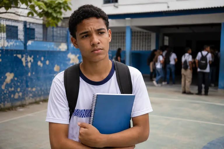 Adolescente em escola pública segurando caderno azul com expressão preocupada, representando a ausência dos pagamentos do Pé-de-Meia de junho para oito grupos.