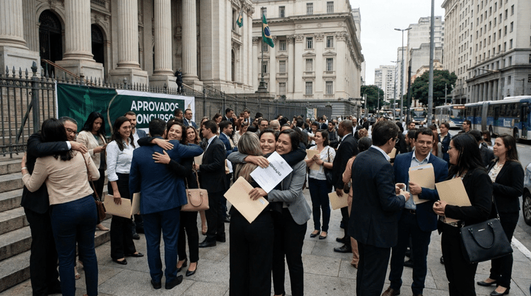 Grupo de aprovados em concurso se abraça e comemora segurando documentos em frente a um prédio público