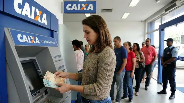 Mulher retirando dinheiro em caixa eletrônico da Caixa, representando o pagamento de R$ 300 para CPFs com finais de 0 a 9 nesta segunda-feira (8).
