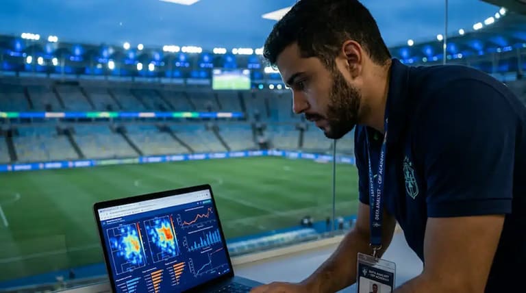 Analista de dados esportivos acompanhando métricas em tempo real em um estádio de futebol moderno.