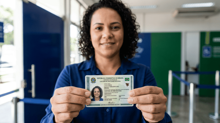 Mulher exibe a Carteira de Identidade Nacional em frente a um balcão de atendimento.