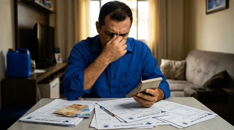 Homem demonstra preocupação enquanto faz contas com calculadora cercado por formulários da declaração de Imposto de Renda