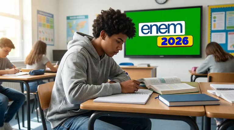 Estudante fazendo anotações em sala de aula com destaque para Enem 2026.