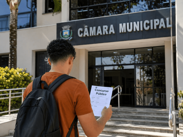 Candidato com mochila segura documento de concurso público em frente à Câmara Municipal.