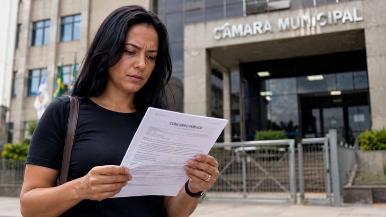 Mulher adulta lê edital de concurso público na entrada da Câmara Municipal, com expressão séria.