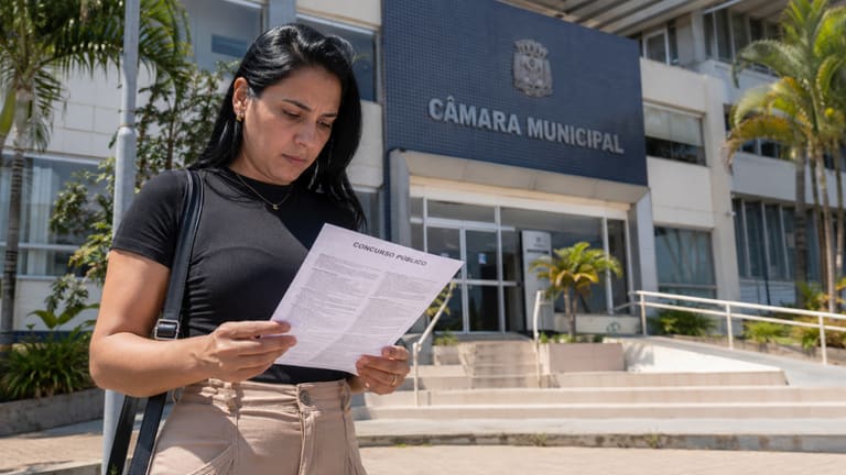 Mulher lê documento de concurso público em frente à Câmara Municipal, representando inscrições para vagas de nível fundamental e médio.