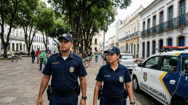 Dois guardas municipais uniformizados andando ao lado de viatura na rua arborizada do centro histórico.