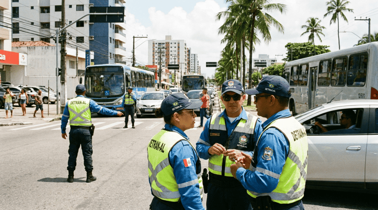 Quatro agentes de trânsito do DETRAN-AL com uniforme azul e colete amarelo, conversam em avenida de Maceió.