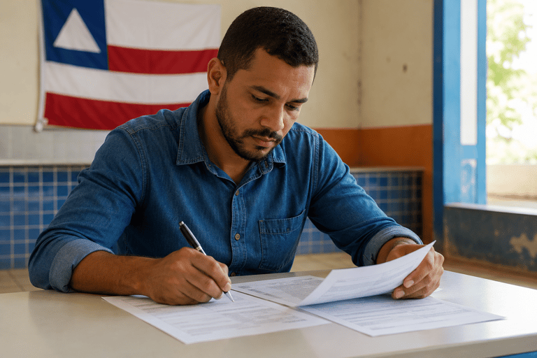 Homem de camisa jeans azul assina documento em mesa branca, com bandeira da Bahia ao fundo em parede bege.
