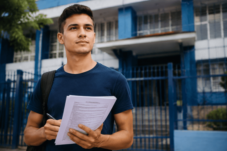 Jovem de camiseta azul marinho com mochila segura papéis e caneta diante de escola com fachada azul.