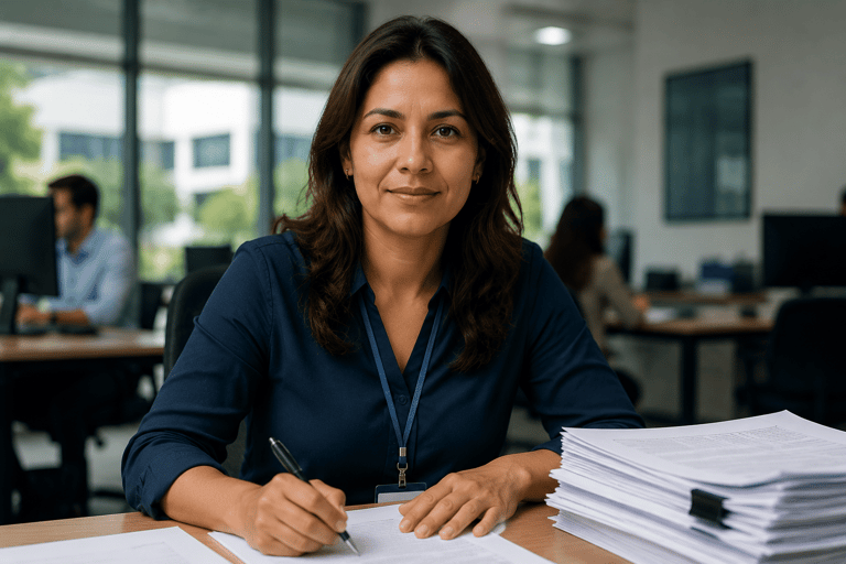 Mulher de camisa azul-marinho com crachá segura caneta sobre documentos em mesa de escritório com colegas ao fundo.