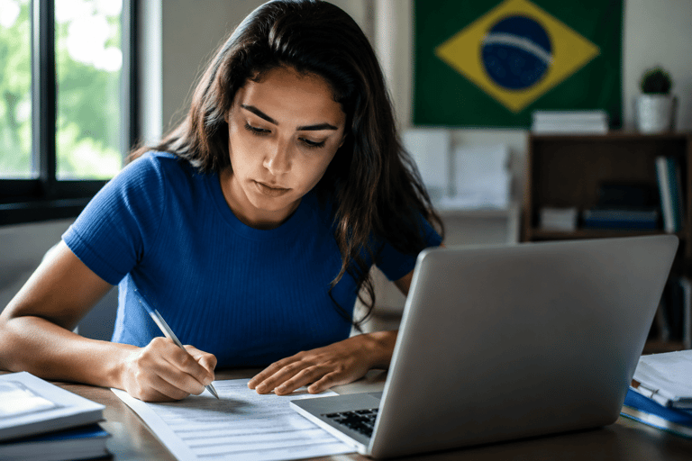 Mulher de camiseta azul escreve em documento enquanto consulta os concursos das Câmaras Municipais de Mara Rosa (GO) e Ipaporanga (CE) no laptop prateado, bandeira do Brasil ao fundo.