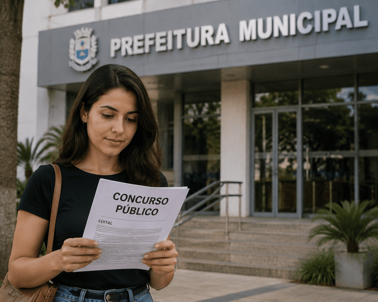 Mulher lendo edital de concurso público em frente ao prédio da Prefeitura Municipal.