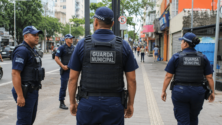 Quatro agentes da Guarda Municipal patrulham a calçada de um centro urbano com lojas e pedestres ao fundo.