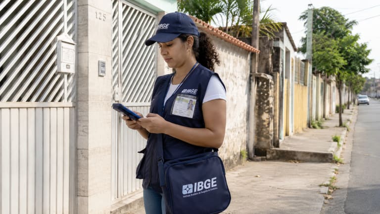 Profissional do IBGE em trabalho de campo durante coleta de informações em rua residencial.