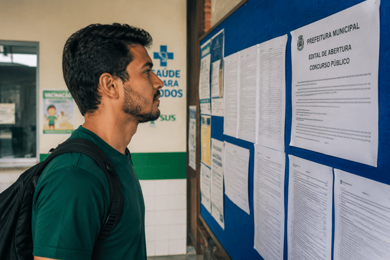 Jovem de camiseta verde e mochila lê edital de abertura de concursos da Prefeitura de Coreaú CE fixado em mural azul.