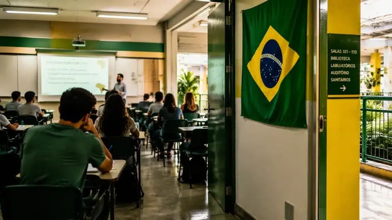 Estudante em ambiente de universidade pública brasileira durante o dia de jogo da Seleção, representando a expectativa sobre a suspensão ou manutenção das aulas.