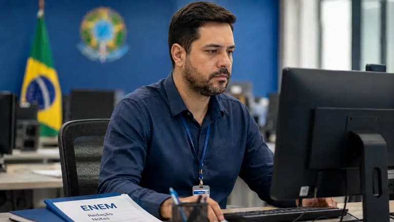 Corretor de redação analisa informações no computador enquanto uma pasta do Enem sobre redação e notas aparece sobre a mesa.
