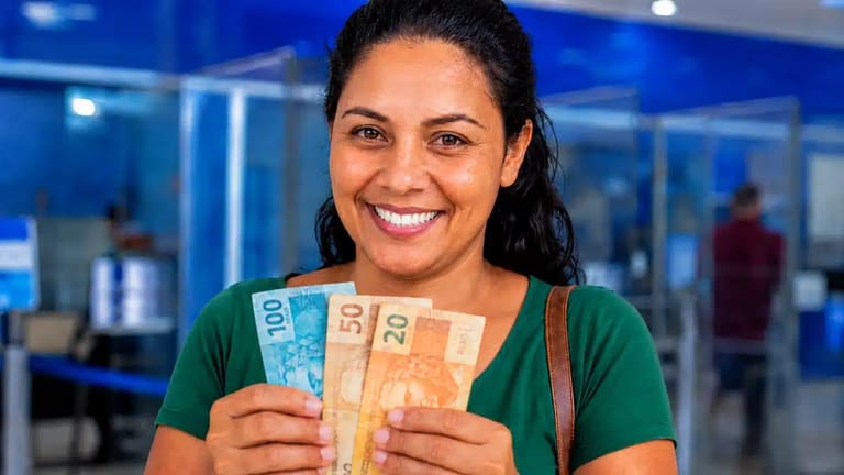 Mulher segurando cédulas em agência bancária, representando o calendário de pagamentos e os adicionais do Bolsa Família em junho de 2026.