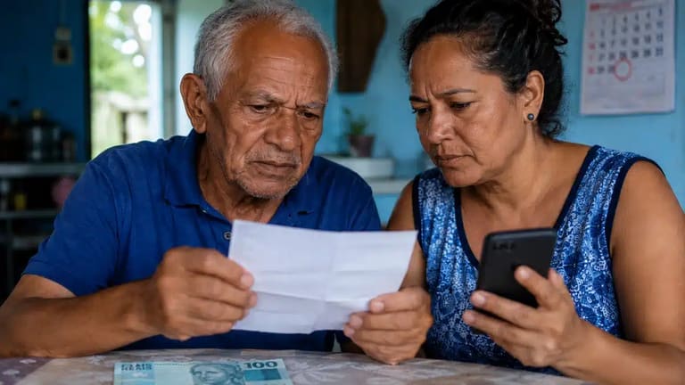 Idoso e mulher de meia-idade conferindo documento e celular em casa, com nota de R$ 100, representando os dois grupos que ainda aguardam o pagamento da segunda parcela do 13º do INSS