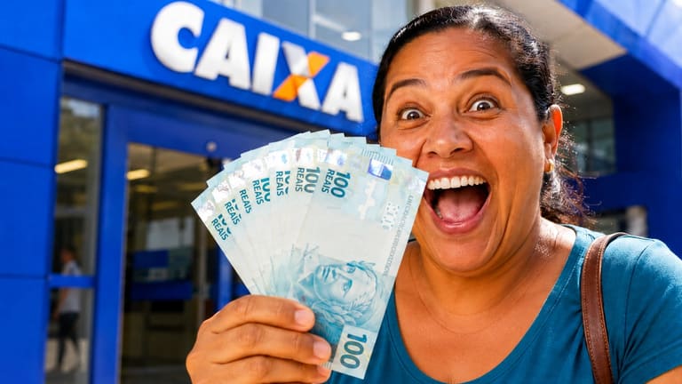Mulher sorridente segura cédulas de real em frente a uma agência da Caixa, representando o depósito de R$ 1.621 na próxima semana.