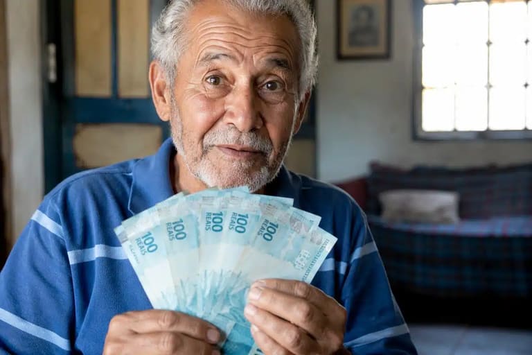 Aposentado brasileiro segurando notas de cem reais em casa, representando os depósitos de R$ 8.475,55 do INSS nesta terça-feira, 2 de junho.