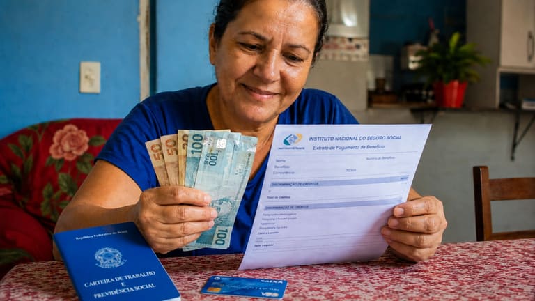 Beneficiária do INSS segura dinheiro e extrato de pagamento, representando a devolução de valores por descontos indevidos.