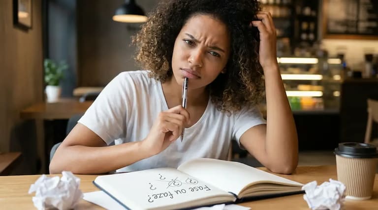 Mulher com expressão pensativa diante de um caderno com dúvida sobre o uso correto de fase ou faze.