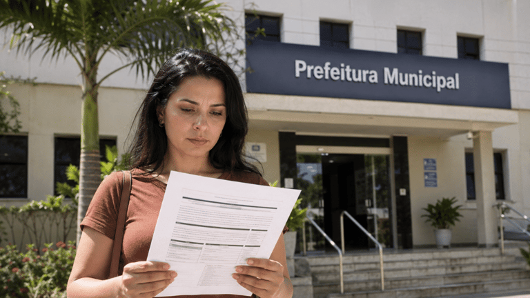 Mulher lê documento de concurso público em frente a uma prefeitura municipal.