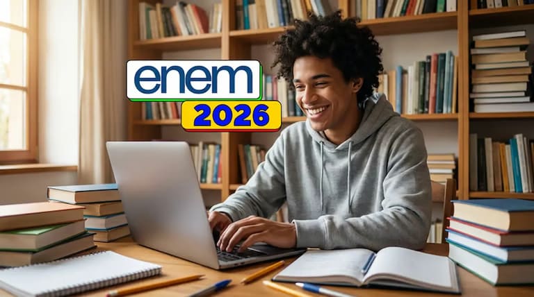 Estudante sorrindo usa notebook em biblioteca com chamada visual do Enem 2026.