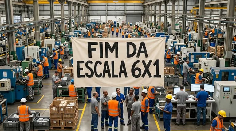 Fábrica com trabalhadores e faixa sobre o fim da escala 6x1.