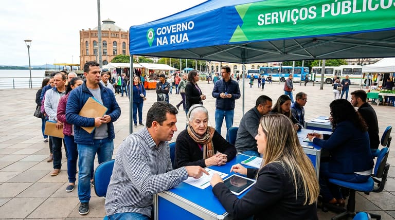 Pessoas em fila são atendidas em tenda do Governo na Rua ao ar livre